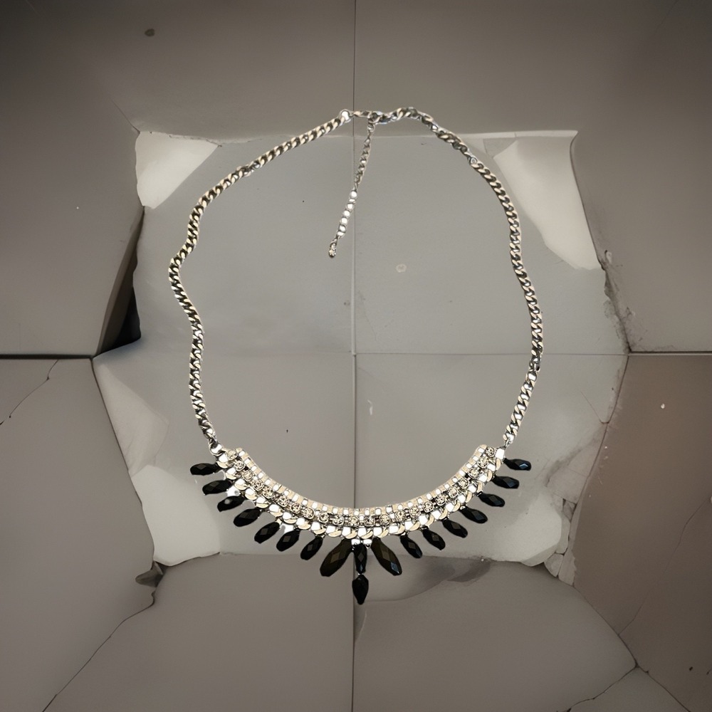 Vintage Quality Made Black Marquise Cut Rhinestone Choker Silver Tone
